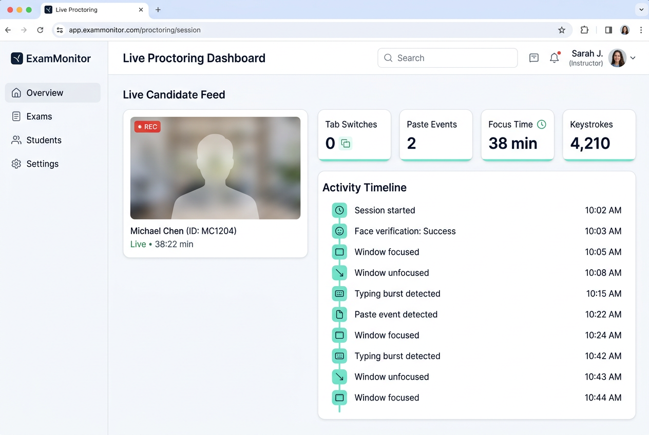 Self-proctoring dashboard